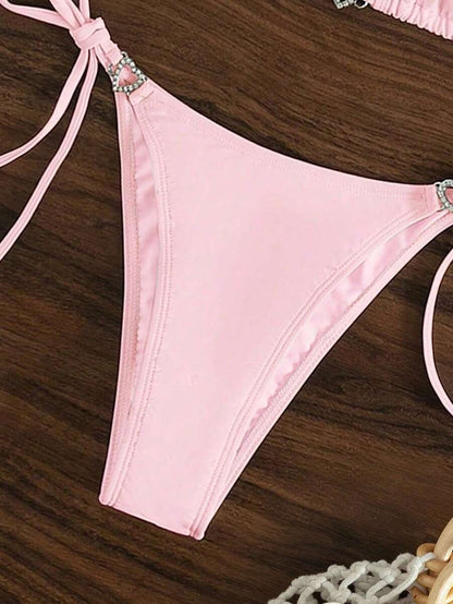 Swim Vcay Summer Beach Women's Solid Color Halter Neck Tie Two Pieces Bikini Set, Perfect For Vacation Swimwear