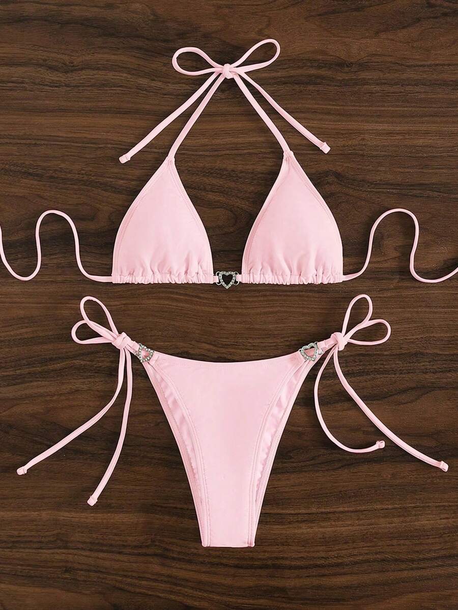 Swim Vcay Summer Beach Women's Solid Color Halter Neck Tie Two Pieces Bikini Set, Perfect For Vacation Swimwear