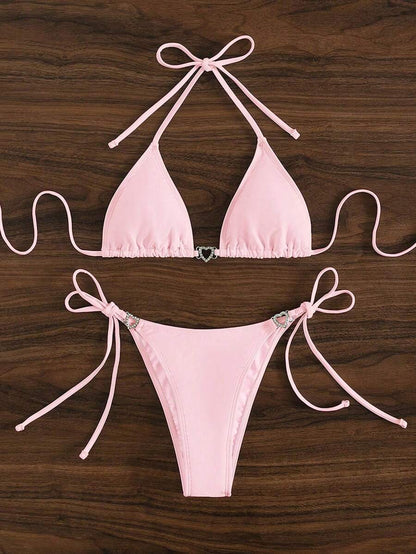 Swim Vcay Summer Beach Women's Solid Color Halter Neck Tie Two Pieces Bikini Set, Perfect For Vacation Swimwear