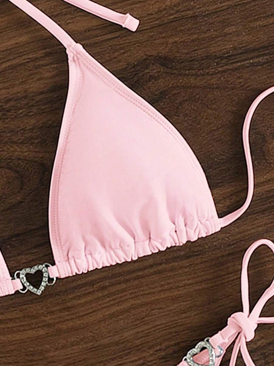 Swim Vcay Summer Beach Women's Solid Color Halter Neck Tie Two Pieces Bikini Set, Perfect For Vacation Swimwear