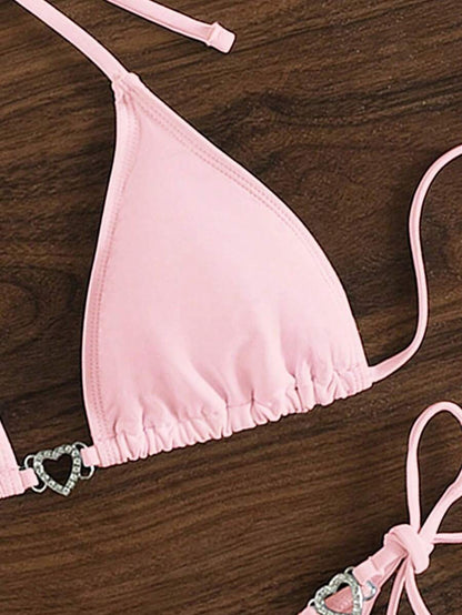 Swim Vcay Summer Beach Women's Solid Color Halter Neck Tie Two Pieces Bikini Set, Perfect For Vacation Swimwear