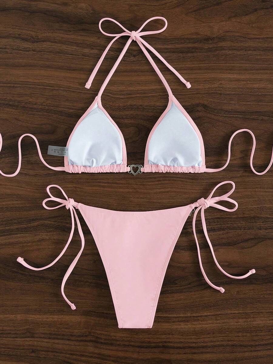 Swim Vcay Summer Beach Women's Solid Color Halter Neck Tie Two Pieces Bikini Set, Perfect For Vacation Swimwear