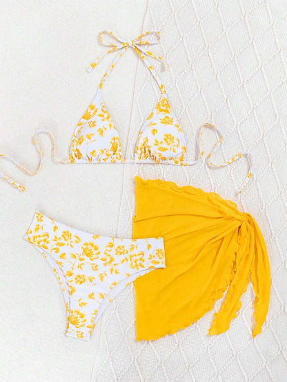 Women's 3-Piece Shell Print Bikini Set - V-Neck Halter, Triangle, Side Tie Skirt, Multicolor