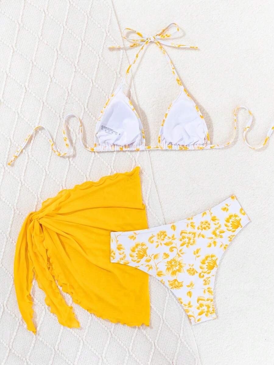 Women's 3-Piece Shell Print Bikini Set - V-Neck Halter, Triangle, Side Tie Skirt, Multicolor