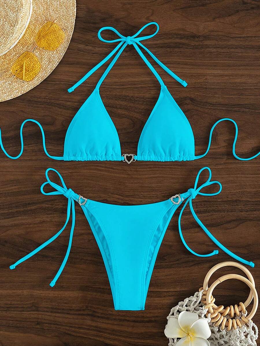 Swim Vcay Summer Beach Women's Solid Color Halter Neck Tie Two Pieces Bikini Set, Perfect For Vacation Swimwear