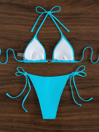 Swim Vcay Summer Beach Women's Solid Color Halter Neck Tie Two Pieces Bikini Set, Perfect For Vacation Swimwear