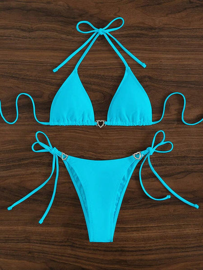 Swim Vcay Summer Beach Women's Solid Color Halter Neck Tie Two Pieces Bikini Set, Perfect For Vacation Swimwear