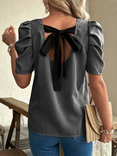 Maternity Striped Puff Sleeve Shirt Black and White Casual Round Neck Cap Sleeve Regular Fit Top for Daily Wear Woven Fabric