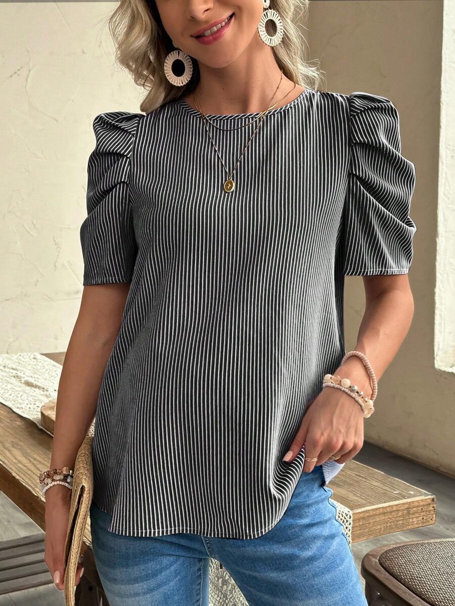 Maternity Striped Puff Sleeve Shirt Black and White Casual Round Neck Cap Sleeve Regular Fit Top for Daily Wear Woven Fabric