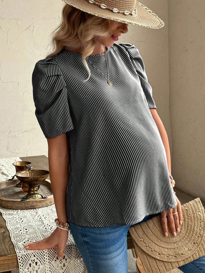 Maternity Striped Puff Sleeve Shirt Black and White Casual Round Neck Cap Sleeve Regular Fit Top for Daily Wear Woven Fabric