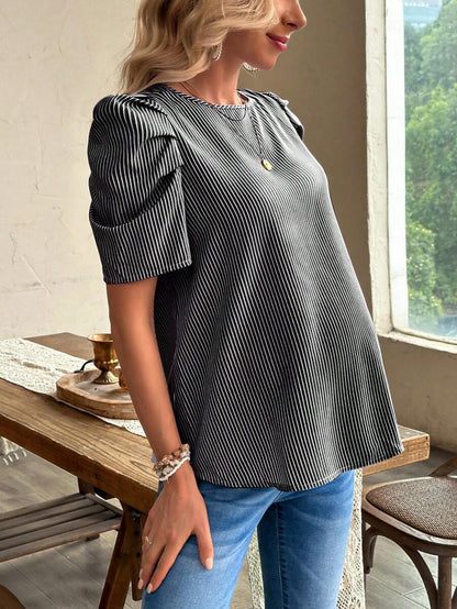 Maternity Striped Puff Sleeve Shirt Black and White Casual Round Neck Cap Sleeve Regular Fit Top for Daily Wear Woven Fabric