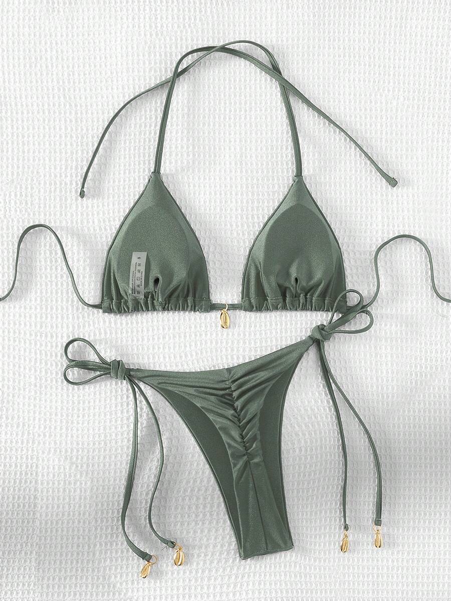 Swim Chiccia Women Spring Break Summer Beach Solid Color Halter Tie Sexy Bikini Swimsuit Set