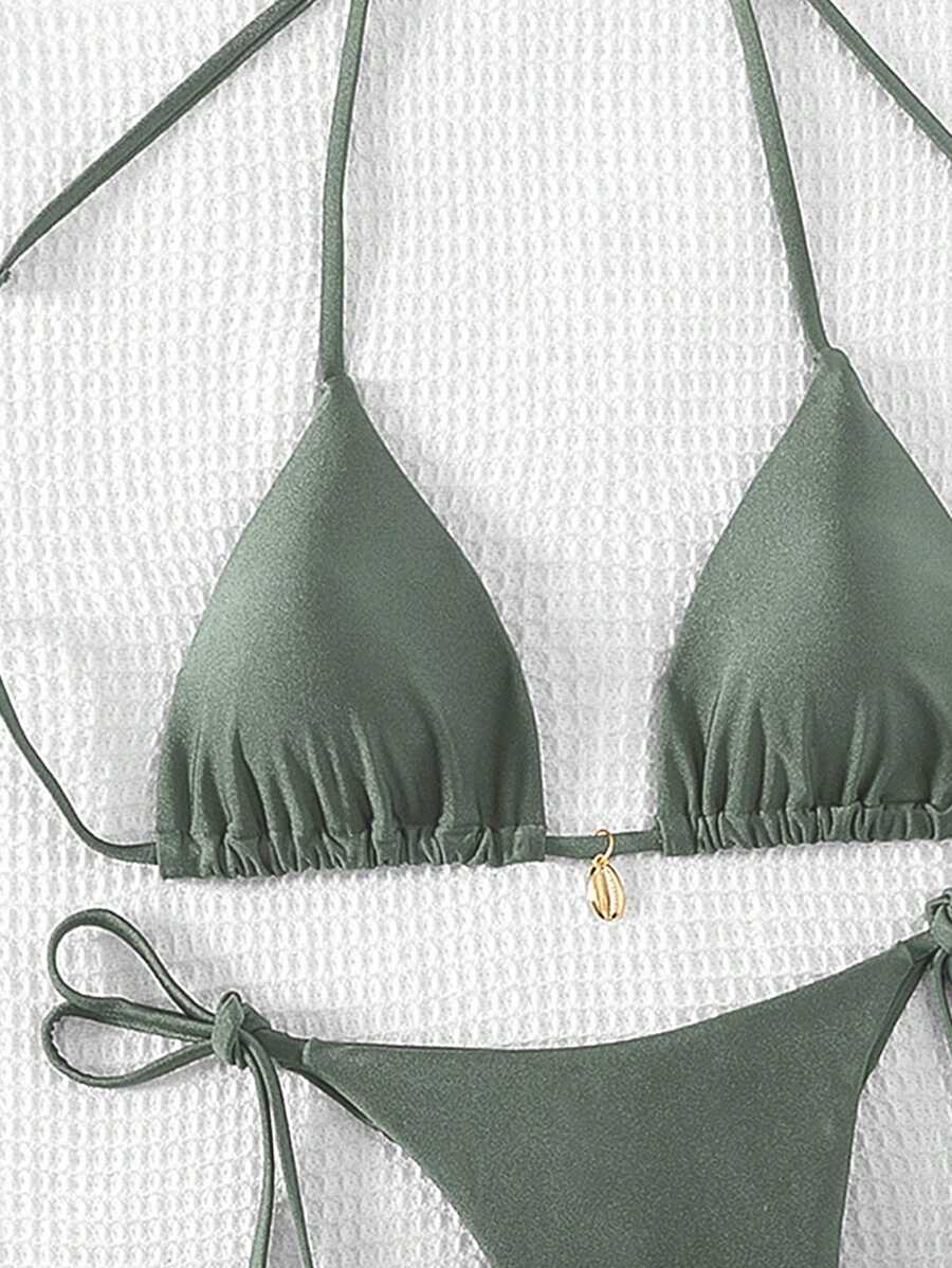 Swim Chiccia Women Spring Break Summer Beach Solid Color Halter Tie Sexy Bikini Swimsuit Set