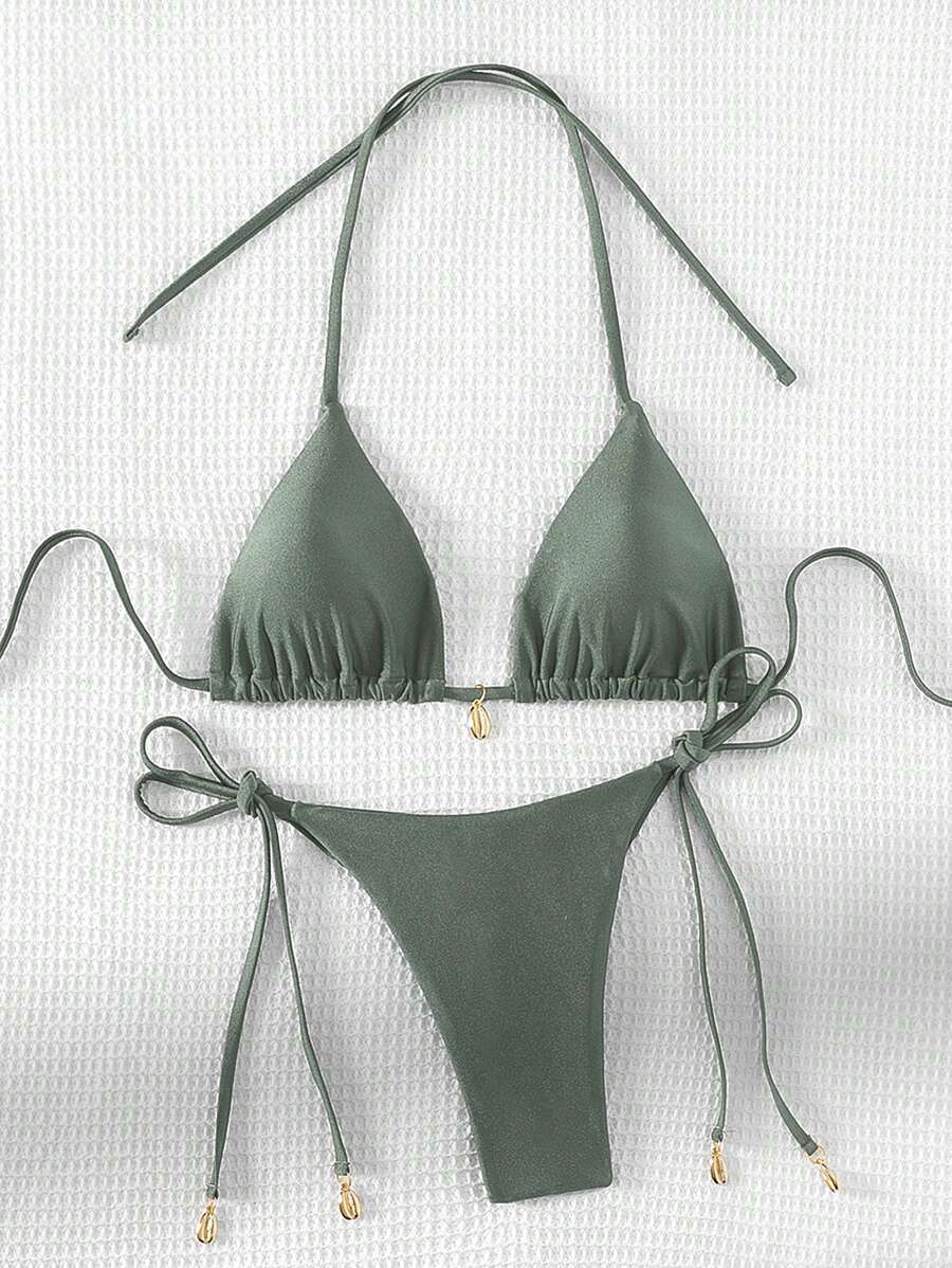 Swim Chiccia Women Spring Break Summer Beach Solid Color Halter Tie Sexy Bikini Swimsuit Set