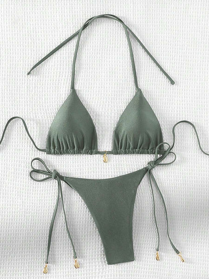 Swim Chiccia Women Spring Break Summer Beach Solid Color Halter Tie Sexy Bikini Swimsuit Set