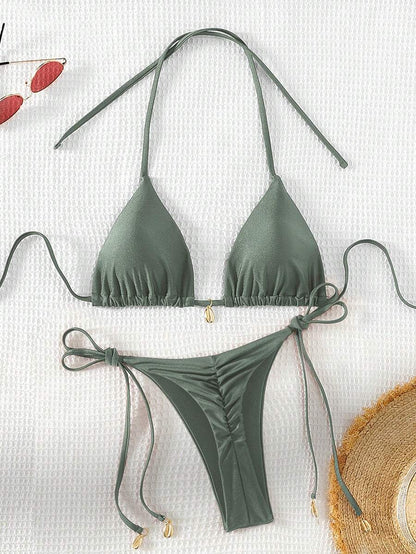 Swim Chiccia Women Spring Break Summer Beach Solid Color Halter Tie Sexy Bikini Swimsuit Set