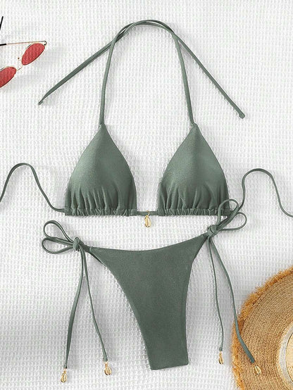 Swim Chiccia Women Spring Break Summer Beach Solid Color Halter Tie Sexy Bikini Swimsuit Set