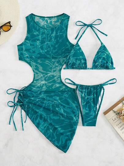 Women's 3-Piece Tie-Dye Bikini Set - Halter, Cover-Up Dress, Thongs, Green