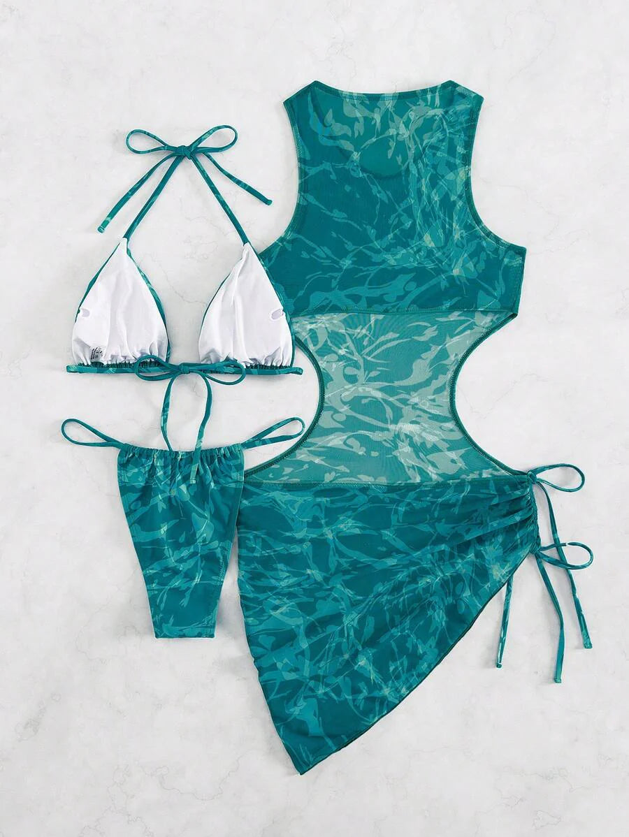 Women's 3-Piece Tie-Dye Bikini Set - Halter, Cover-Up Dress, Thongs, Green