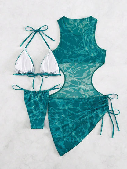 Women's 3-Piece Tie-Dye Bikini Set - Halter, Cover-Up Dress, Thongs, Green