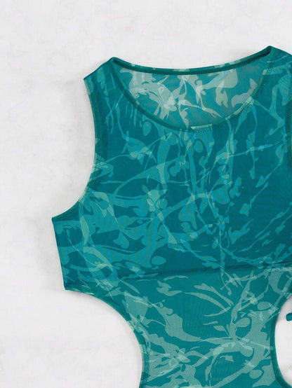 Women's 3-Piece Tie-Dye Bikini Set - Halter, Cover-Up Dress, Thongs, Green