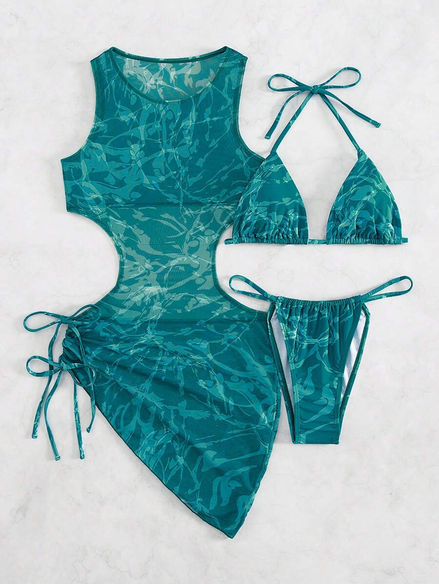 Women's 3-Piece Tie-Dye Bikini Set - Halter, Cover-Up Dress, Thongs, Green