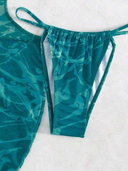 Women's 3-Piece Tie-Dye Bikini Set - Halter, Cover-Up Dress, Thongs, Green