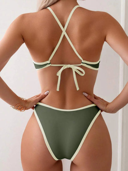 Women's Sporty Triangle Bikini Set - Contrasting Trim, Criss Cross, Spaghetti Strap, Navy Blue