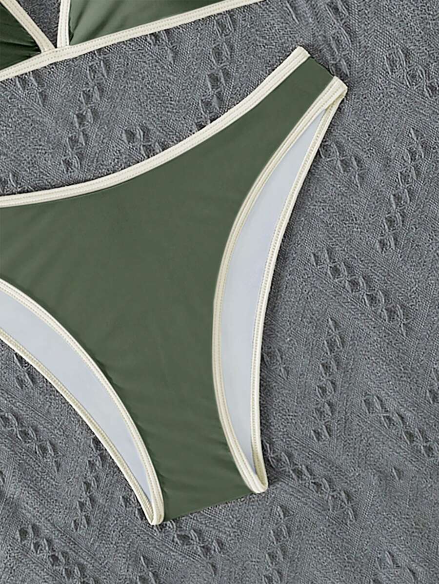 Women's Sporty Triangle Bikini Set - Contrasting Trim, Criss Cross, Spaghetti Strap, Navy Blue