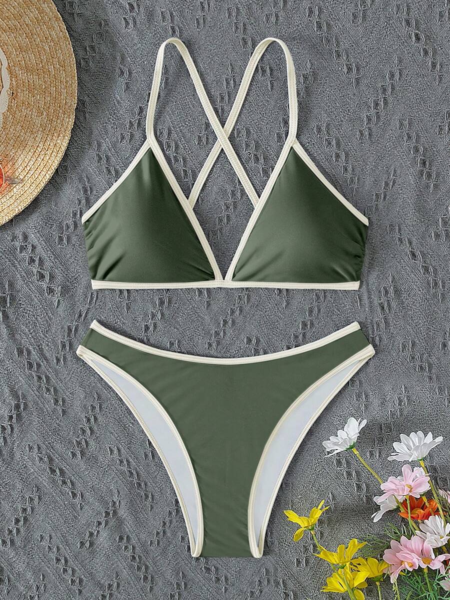Women's Sporty Triangle Bikini Set - Contrasting Trim, Criss Cross, Spaghetti Strap, Navy Blue