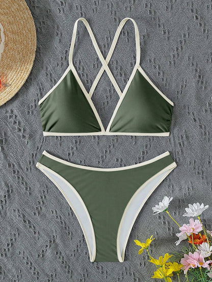 Women's Sporty Triangle Bikini Set - Contrasting Trim, Criss Cross, Spaghetti Strap, Navy Blue