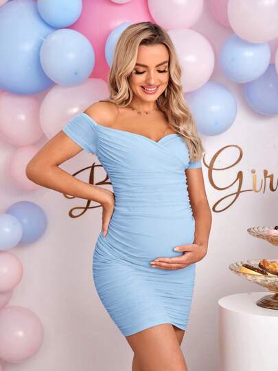 Gender Reveal Dress Maternity Off-Shoulder Ruched Bodycon Dress Baby Shower Dress