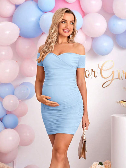 Maternity Off Shoulder Short Sleeve Ruffle Dress Elegant Bodycon Pink Mini Dress for Baby Shower and Photoshoot
