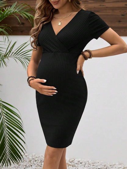 Maternity V-Neck Short Sleeve Bodycon Mini Dress in Teal Blue Slim Fit High Waist Knitted Pencil Dress for Casual Daily Wear