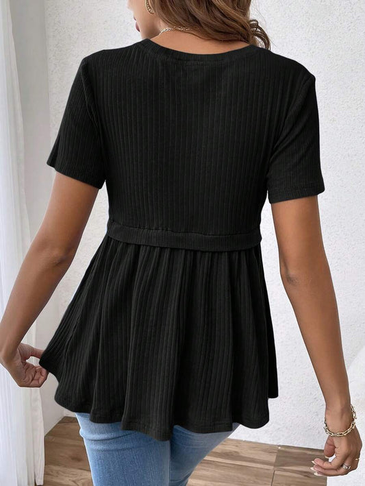 Romantic Ruffle Hem Maternity T-Shirt - Elegant Short Sleeve Round Neck Black Slim Fit Cotton Knit Top for Gender Reveal & Daily Wear
