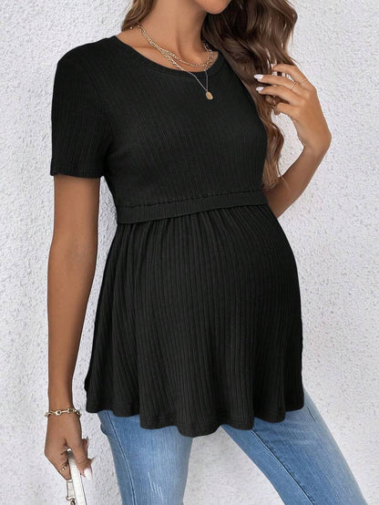 Romantic Ruffle Hem Maternity T-Shirt - Elegant Short Sleeve Round Neck Black Slim Fit Cotton Knit Top for Gender Reveal & Daily Wear