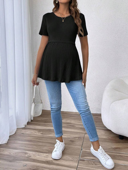 Romantic Ruffle Hem Maternity T-Shirt - Elegant Short Sleeve Round Neck Black Slim Fit Cotton Knit Top for Gender Reveal & Daily Wear