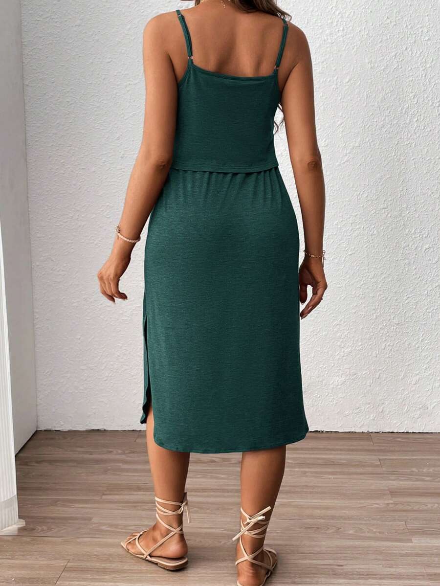 Women's Red Square Neck Nursing Dress - Sleeveless Midi Maternity Sundress with Drawstring and Side Slit - Casual Knit Beach Maternity Dress