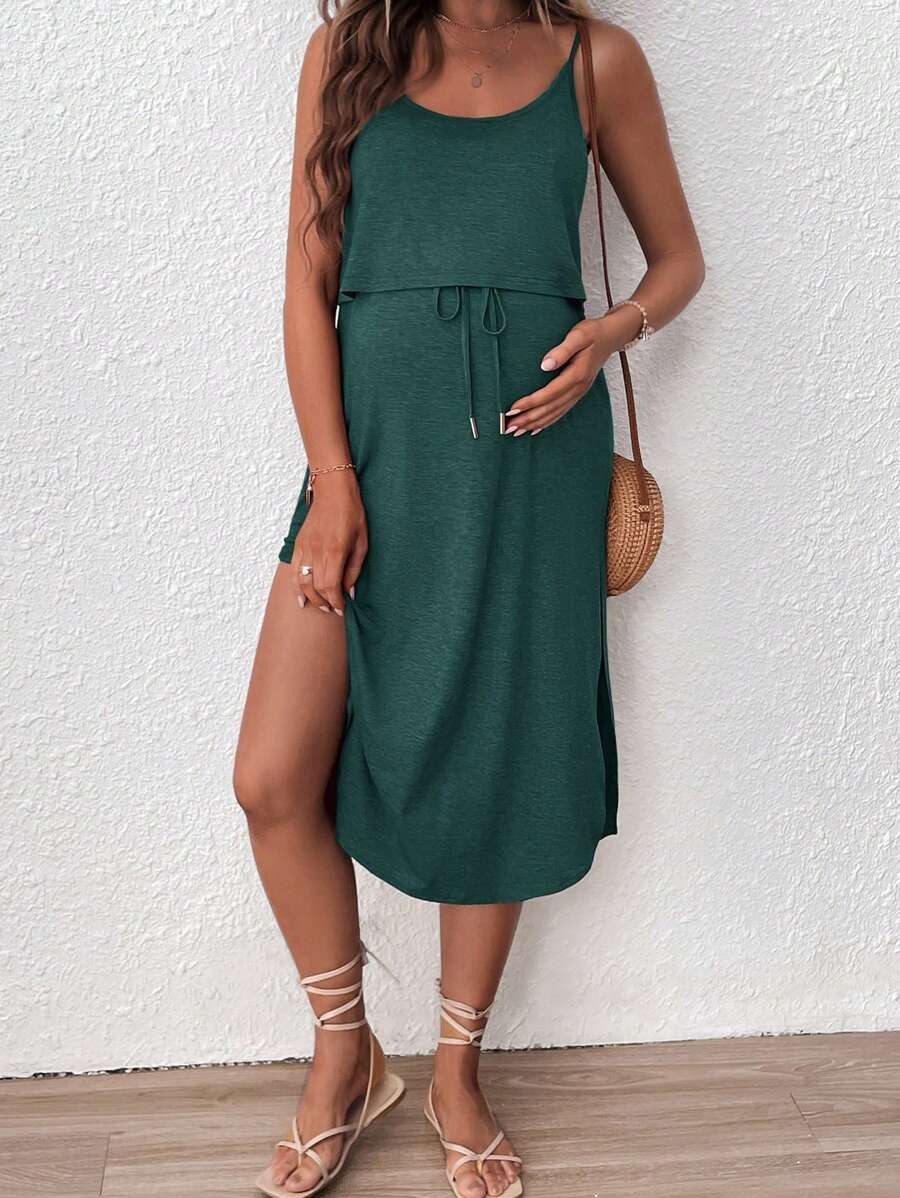 Women's Red Square Neck Nursing Dress - Sleeveless Midi Maternity Sundress with Drawstring and Side Slit - Casual Knit Beach Maternity Dress