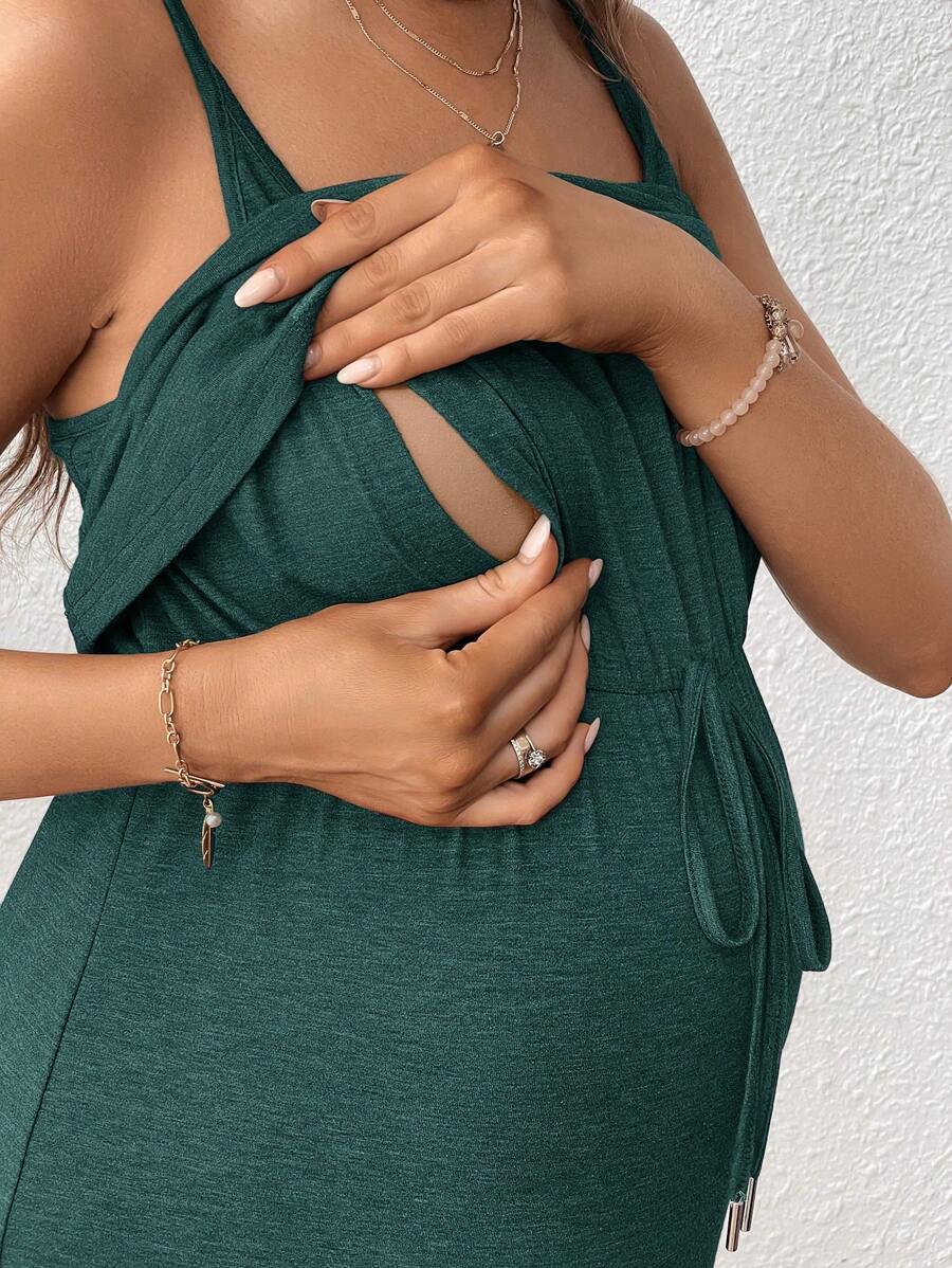 Women's Red Square Neck Nursing Dress - Sleeveless Midi Maternity Sundress with Drawstring and Side Slit - Casual Knit Beach Maternity Dress