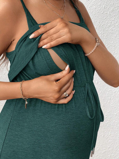 Women's Red Square Neck Nursing Dress - Sleeveless Midi Maternity Sundress with Drawstring and Side Slit - Casual Knit Beach Maternity Dress