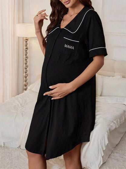 Maternity Peter Pan Collar Dress with Pocket - Black Color Block Half Sleeve Dress - Stylish High Waist Letter Embroidery Casual Maternity Wear