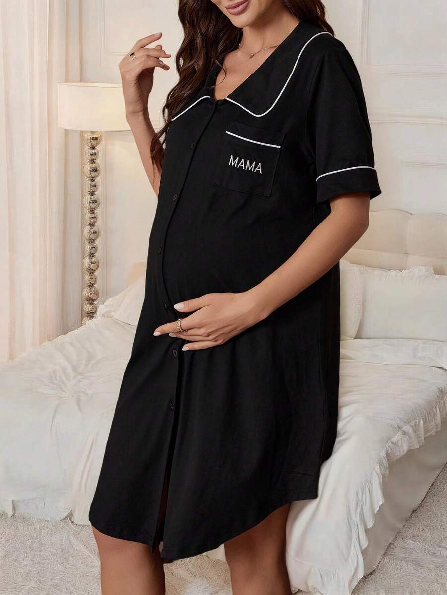 Moonlight and Mama Dusty Pink Maternity Nightgown - Letter Embroidery Peter Pan Collar Sleep Dress - High Waist V Neck Half Sleeve Loungewear