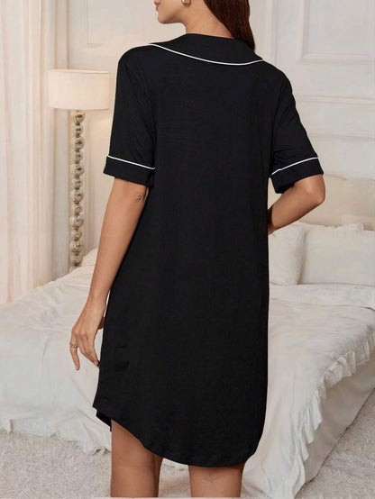 Maternity Peter Pan Collar Dress with Pocket - Black Color Block Half Sleeve Dress - Stylish High Waist Letter Embroidery Casual Maternity Wear