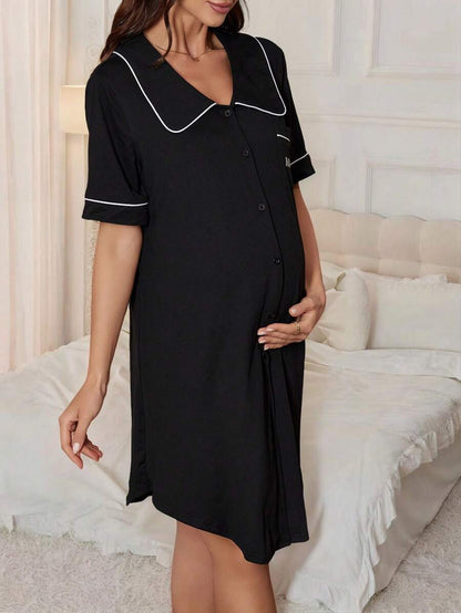 Maternity Peter Pan Collar Dress with Pocket - Black Color Block Half Sleeve Dress - Stylish High Waist Letter Embroidery Casual Maternity Wear