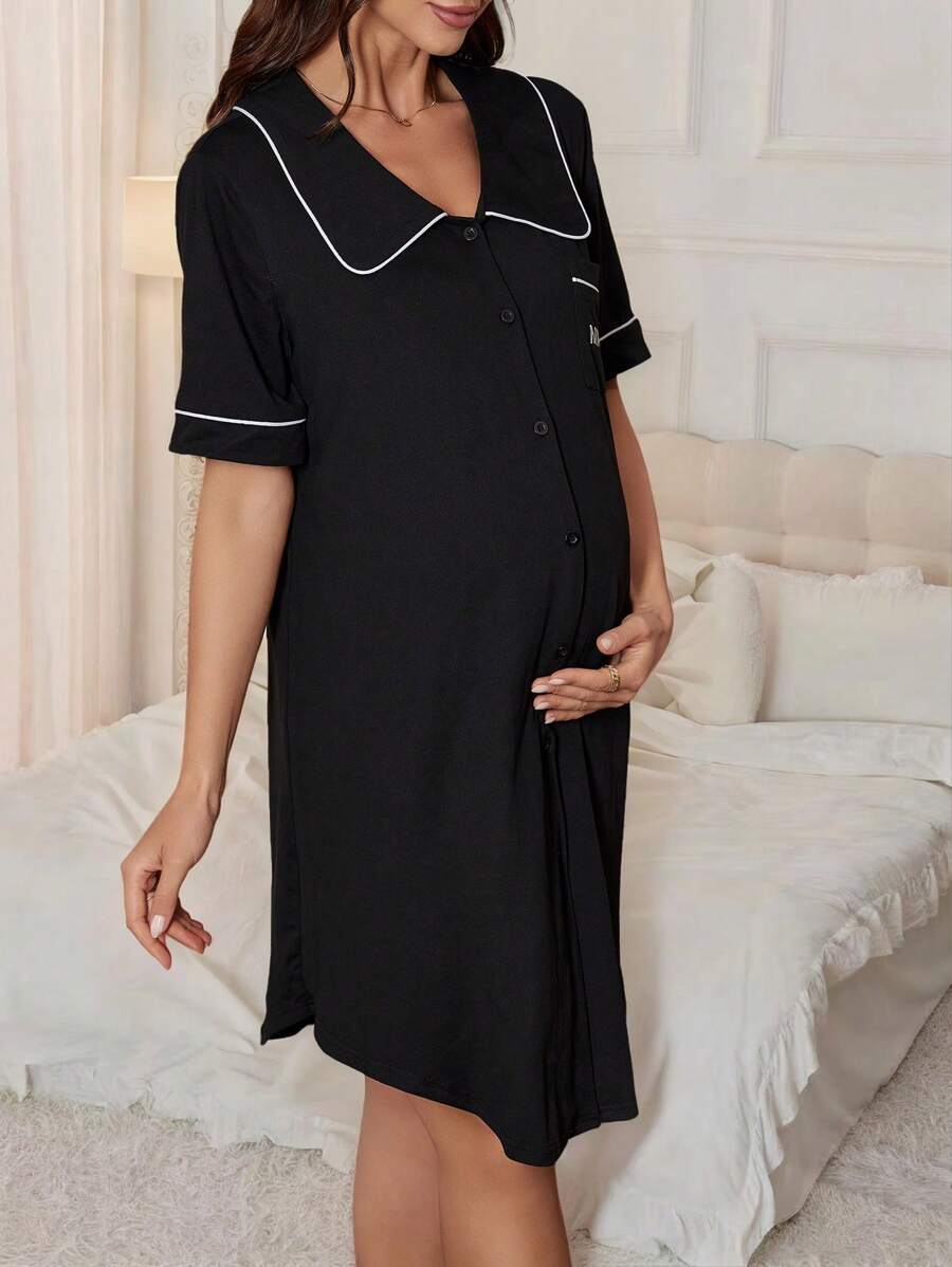 Moonlight and Mama Dusty Pink Maternity Nightgown - Letter Embroidery Peter Pan Collar Sleep Dress - High Waist V Neck Half Sleeve Loungewear