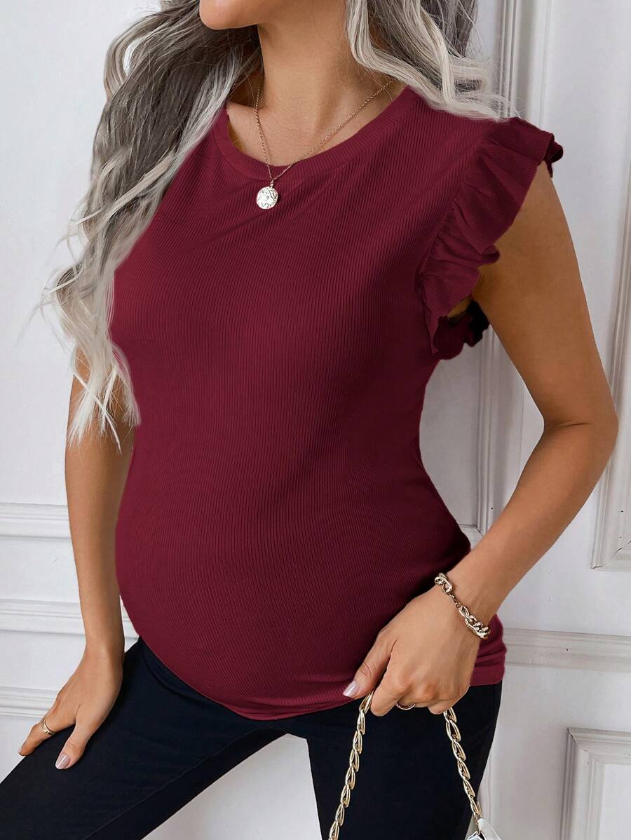 Maternity White Rib Knit Flutter Sleeve Top Slim Fit Ruffle Trim Summer Blouse for Daily Wear & Casual Outfits