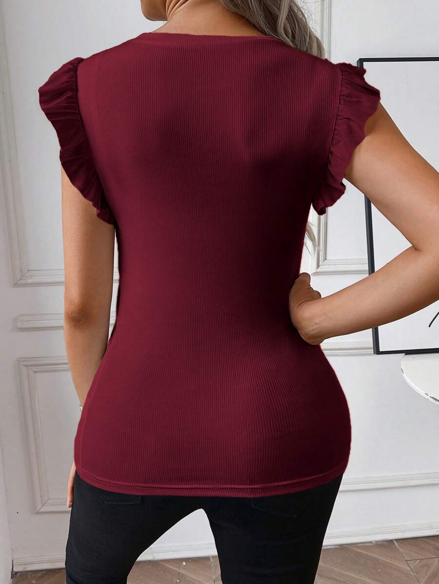 Maternity White Rib Knit Flutter Sleeve Top Slim Fit Ruffle Trim Summer Blouse for Daily Wear & Casual Outfits