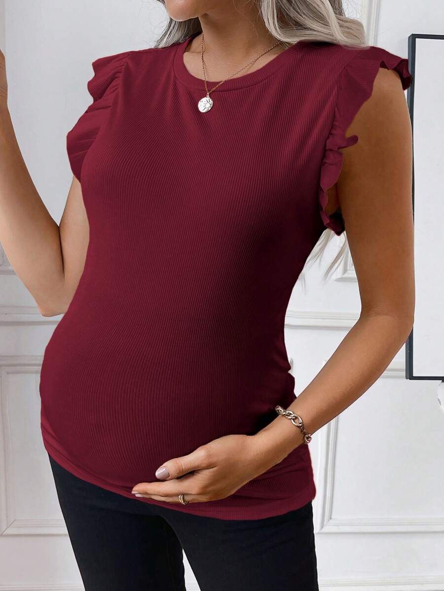 Maternity White Rib Knit Flutter Sleeve Top Slim Fit Ruffle Trim Summer Blouse for Daily Wear & Casual Outfits