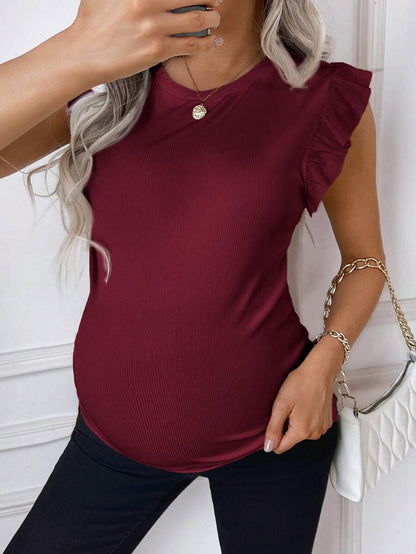 Maternity White Rib Knit Flutter Sleeve Top Slim Fit Ruffle Trim Summer Blouse for Daily Wear & Casual Outfits